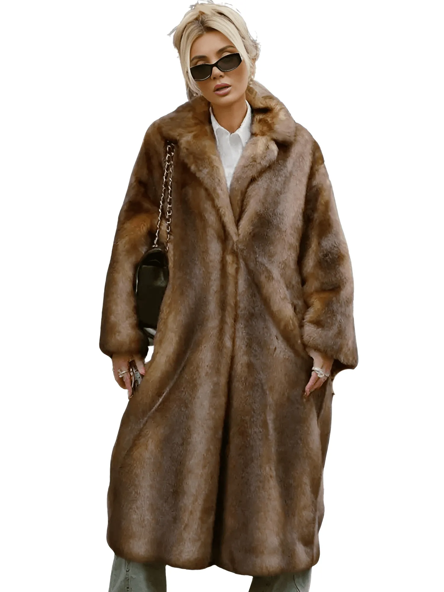 Women's Dark Brown Faux Fur Long Coat Single Breasted Long Coat Winter Fluffy Plush Warm Outerwear