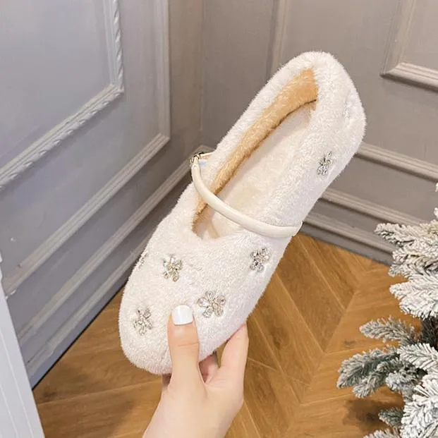 Womens Faux-Fur Loafers Winter Plush Ballet Flats Fur Buckle Shoes