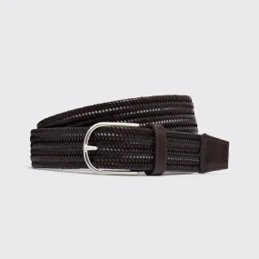 Woven Elasticated Leather Belt Dark Brown 35mm